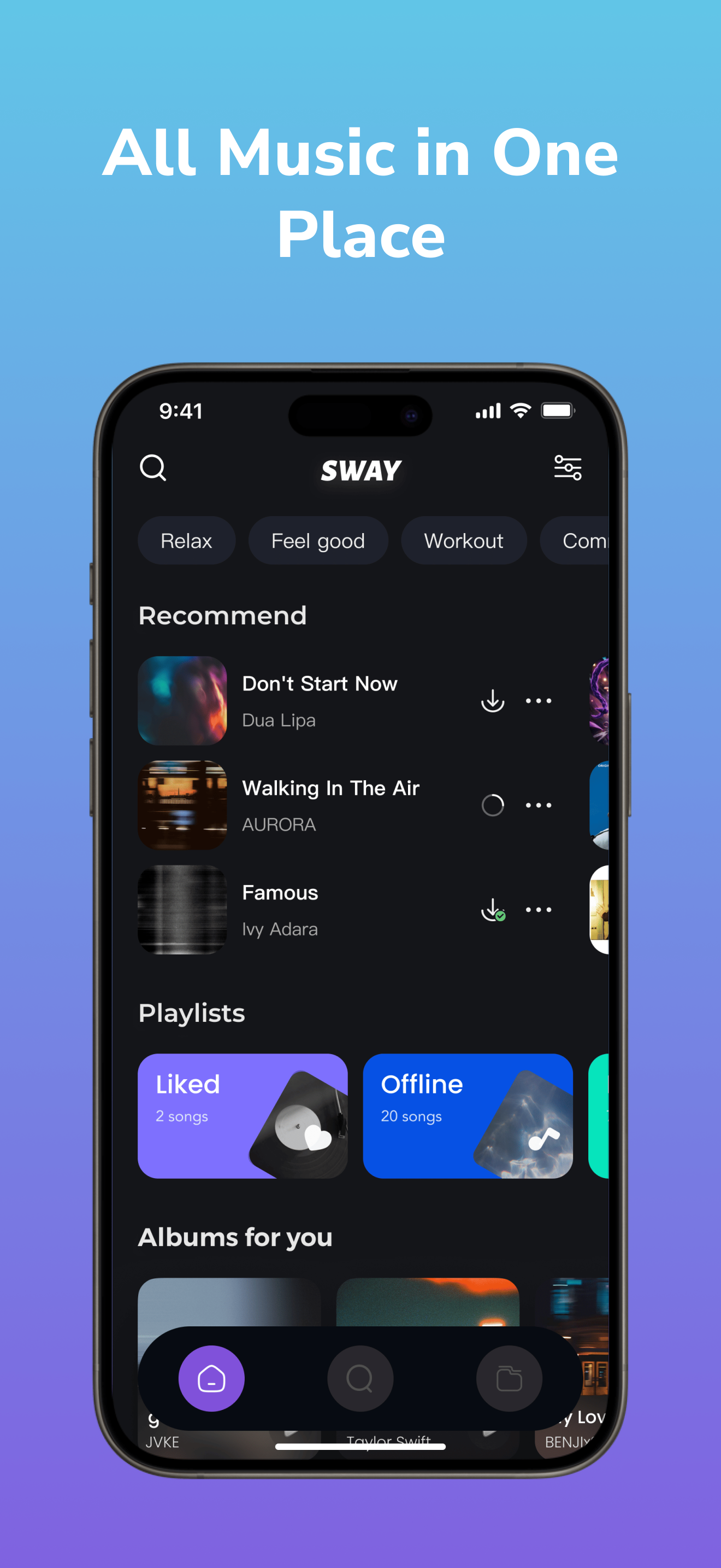 All Music in One Place screen